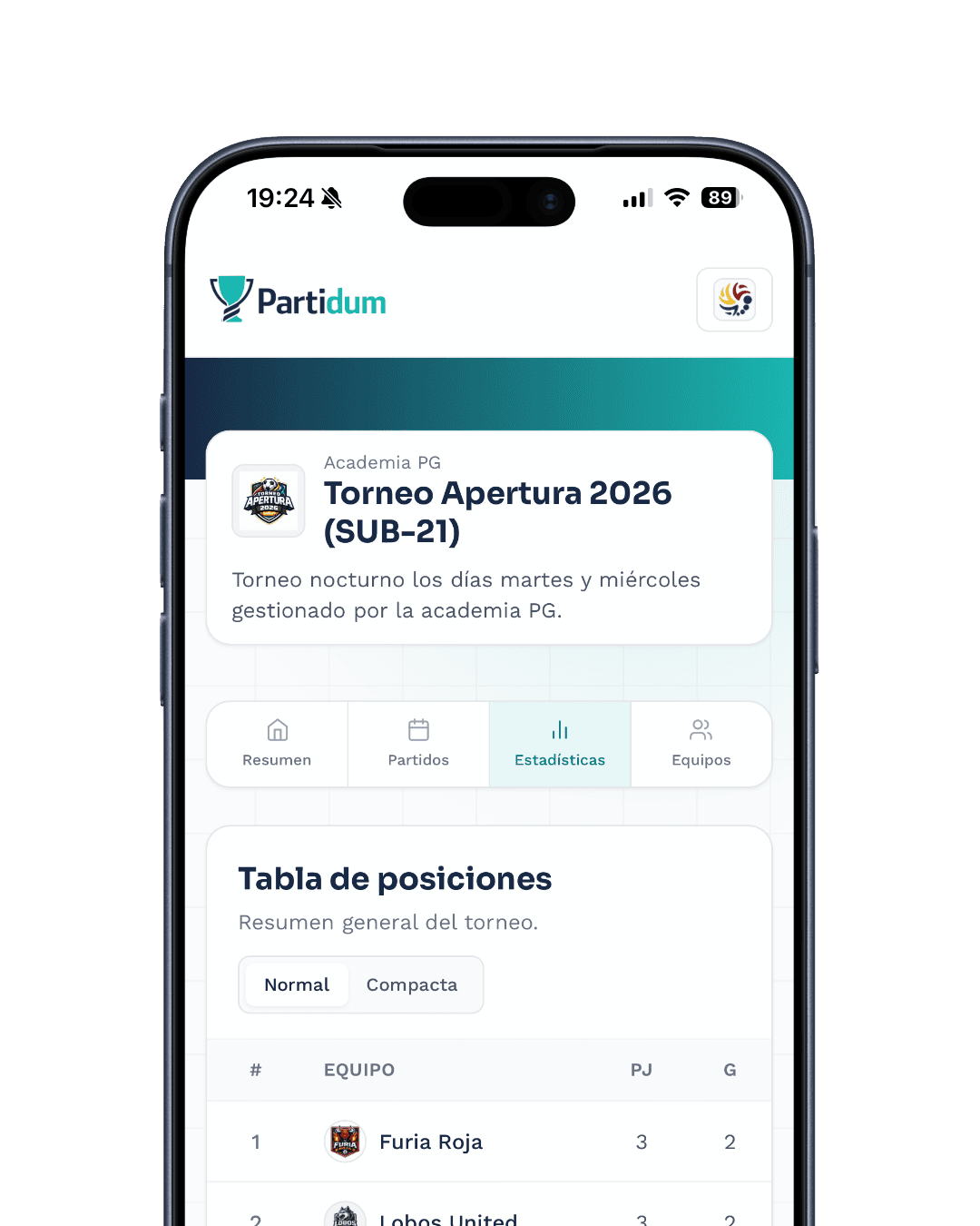 Vista movil de la plataforma Partidum